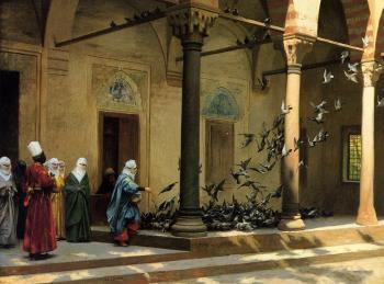 Jean-Leon Gerome : Harem Women Feeding Pigeons in a Courtyard